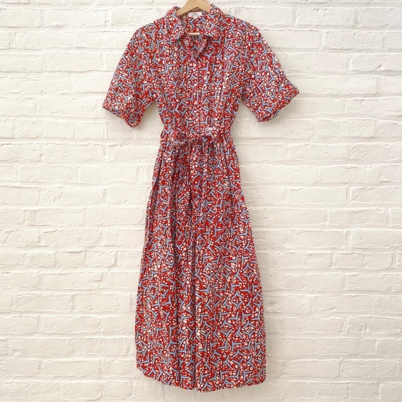 Kemi Telford || Belted Cotton Shirt Dress Shirtdress Red Medium - Picture 1 of 8